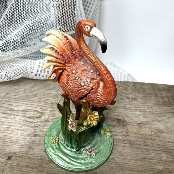 Vintage Enamel Flamingo Trinket Box With Rhinestones & Hinged Lid On Decorative - Picture 5 of 8